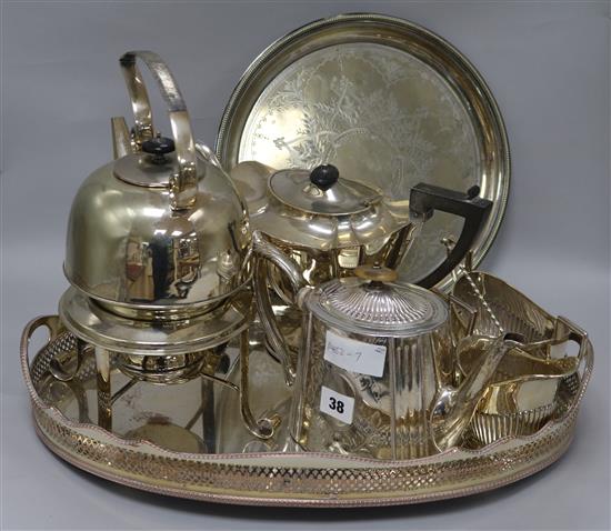 A collection of plated wares including a tray, two teapots, a sugar bowl etc